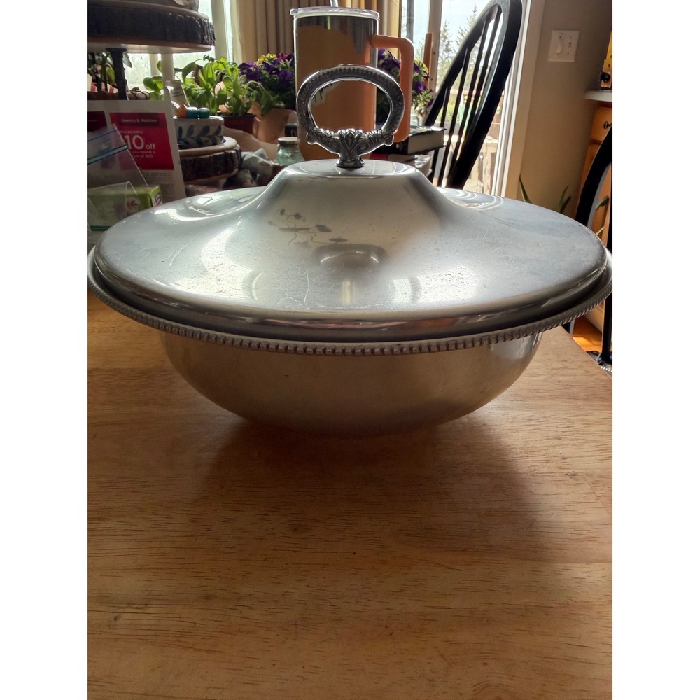 Buenilum Serving Bowl Lid Vintage Silver Beaded MCM Hammered Aluminum